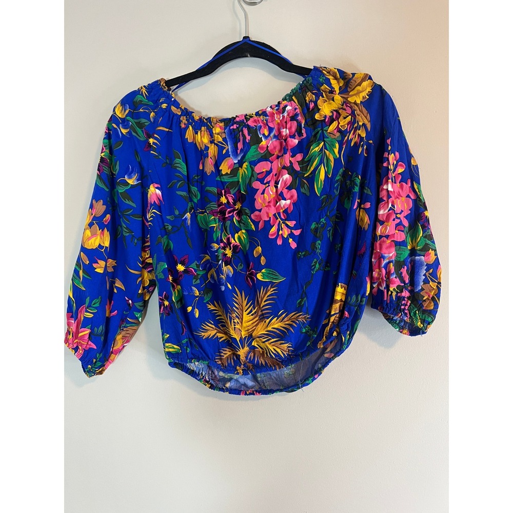 Cynthia Rowley Blue Tropical Floral Off Shoulder Blouson Crop Top Small - Picture 3 of 6